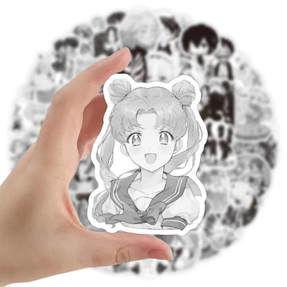 50PCS New Mixed Black and White Anime Graffiti Stickers Waterproof Notebook Scooter Water Cup Luggage Stickers