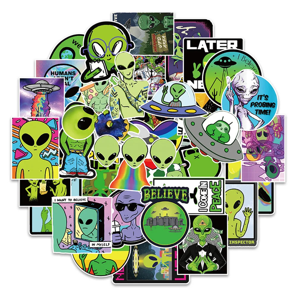 50 pieces of fun cartoon alien graffiti stickers, personalized DIY decorative skateboard luggage, mobile phone, PVC waterproof sticker toys