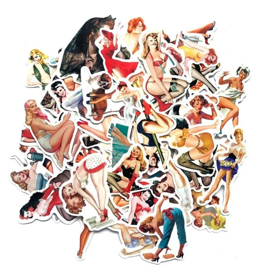 50 pieces of European and American retro sexy girl decorative style graffiti stickers, personalized, fashionable and creative DIY exquisite decorative decal cups, helmets, skateboards and popular sticker toys