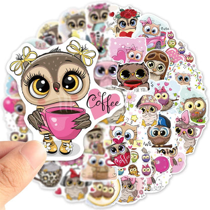 50PCS Art Illustration Popular Creative Cartoon Cute Animal Owl Series Decorative Style Graffiti Sticker Personality Fashion Creative DIY Exquisite Decorative Decals Suitable For Cups, Helmets, Skateboards Popular Stickers Toys