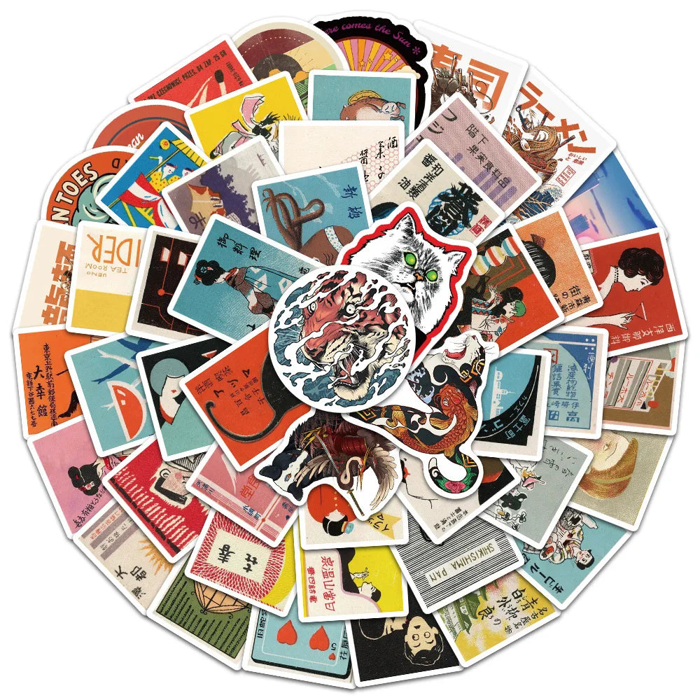 50PCS Art Illustration Popular Creative Cartoon Japanese Style Retro Card Decorative Style Graffiti Stickers Personality Fashion Creative Trend DIY Exquisite Decorative Decals for Cups, Helmets, Skateboards Popular Stickers Toys