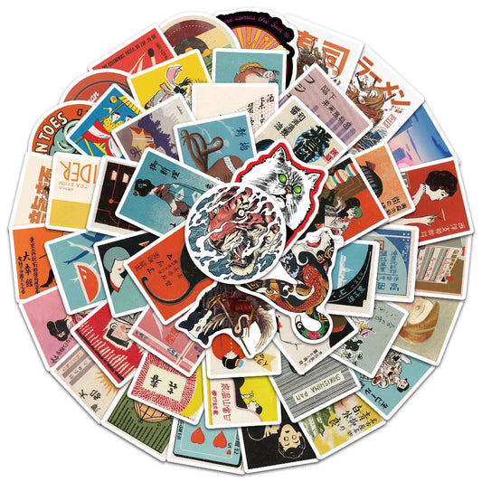 50PCS Art Illustration Popular Creative Cartoon Japanese Style Retro Card Decorative Style Graffiti Stickers Personality Fashion Creative Trend DIY Exquisite Decorative Decals for Cups, Helmets, Skateboards Popular Stickers Toys