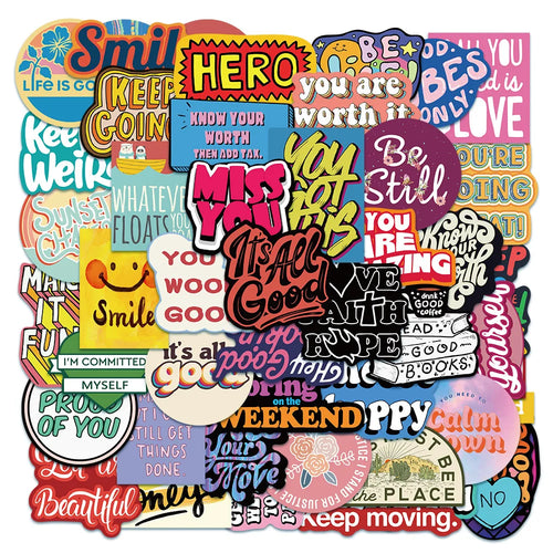 50PCS Cartoon Inspirational English Phrase Sticker Suitcase Notebook Handbook Sticker Cartoon Decorative Toy