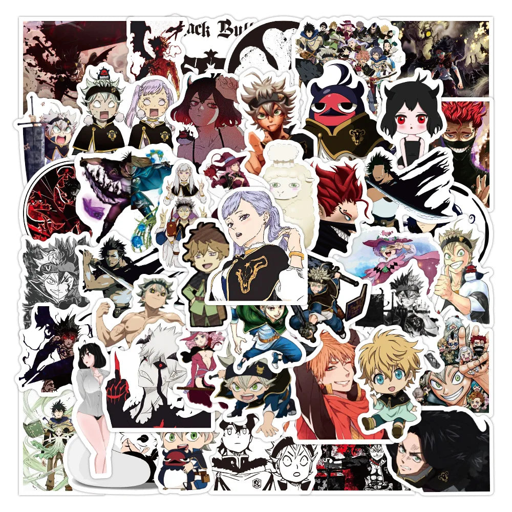 50PCS cartoon and anime black cloverleaf graffiti stickers, personalized DIY notebook suitcase sticker graffiti decoration waterproof decorative sticker toys