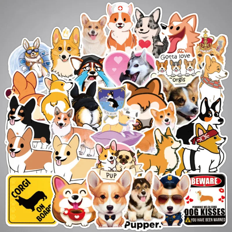 50PCS cartoon cute Corgi dog decorative style graffiti stickers, personalized, fashionable and creative trend DIY exquisite decorative decal cups, helmets, skateboard popular sticker toys