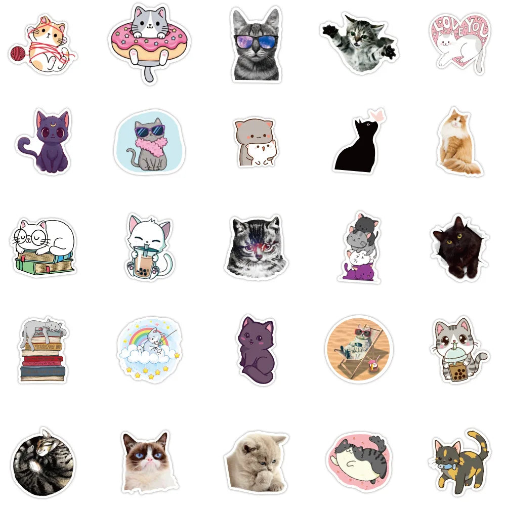 50PCS of cute cartoon pet cat decorative style graffiti stickers, personalized, fashionable and creative DIY exquisite decorative decal cups, helmets, skateboard popular sticker toys
