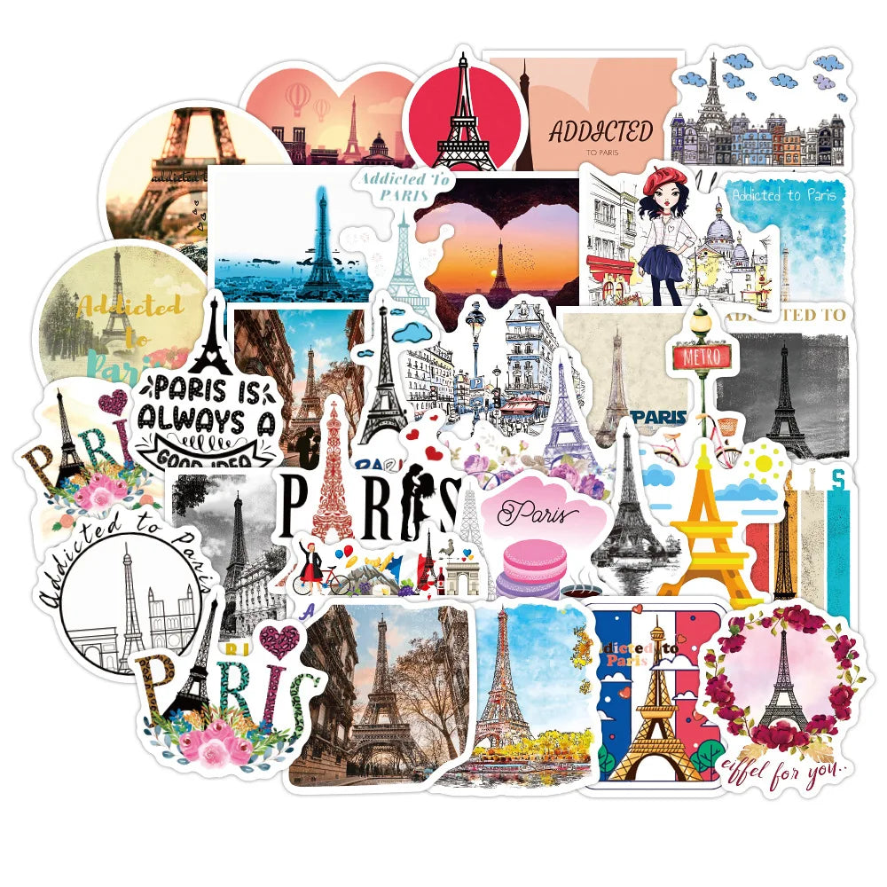 50PCS personalized Parisian landscape graffiti stickers, personalized DIY luggage, car, laptop, phone case, water cup, waterproof decorative sticker toys
