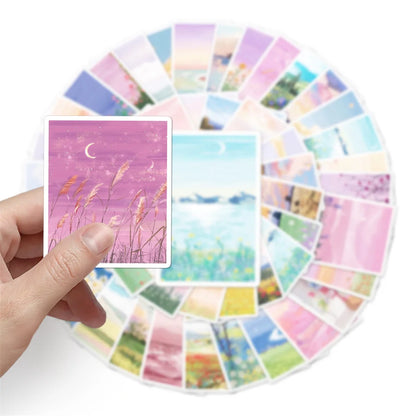 50PCS Cartoon Landscape Oil Painting Aesthetics Creative Graffiti Scrapbook Guitar Phone Case Gift Toy Sticker