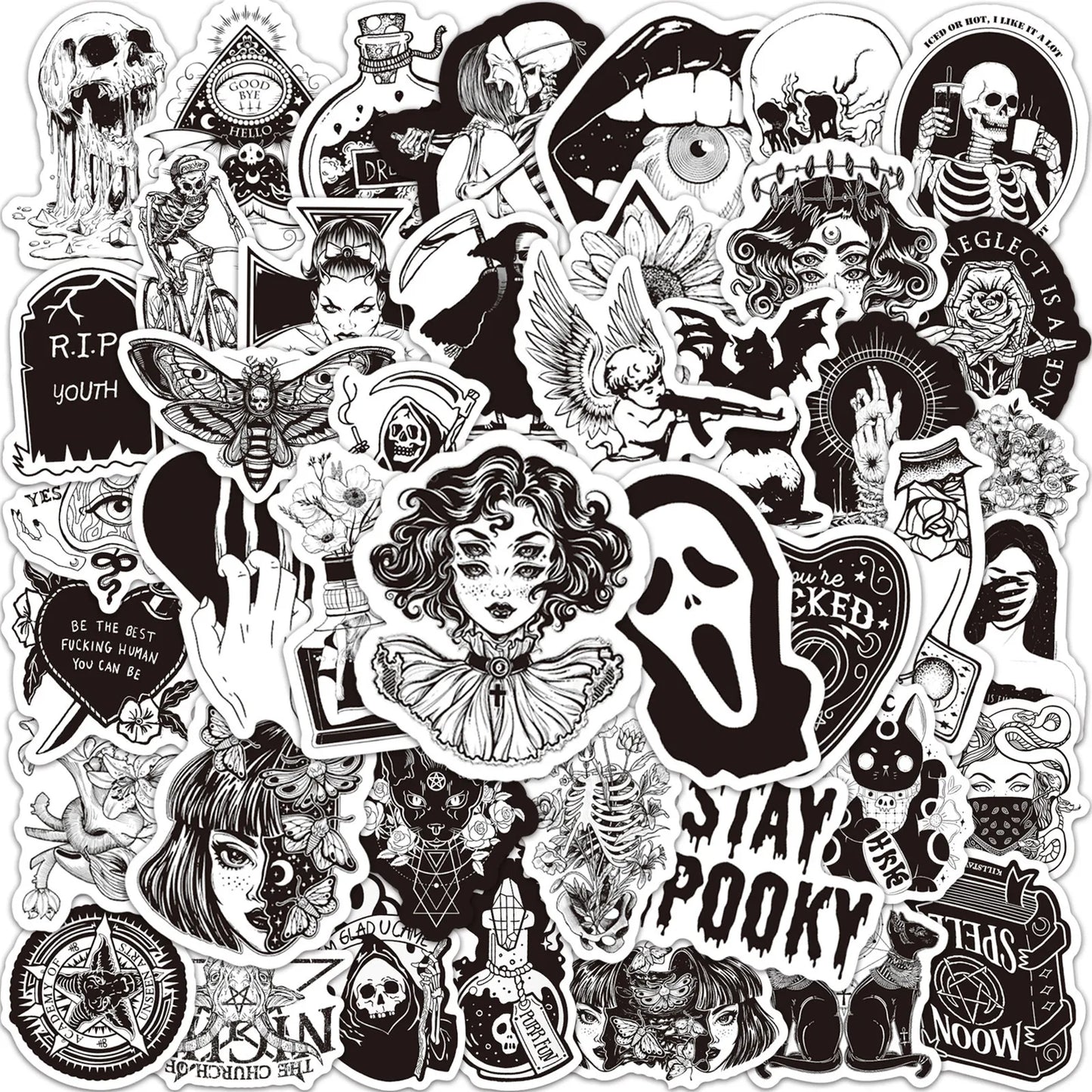 50PCS New Black and White Gothic Cool Skeleton Graffiti Waterproof Sticker Suitcase Notebook RefrigeratorWaterCup