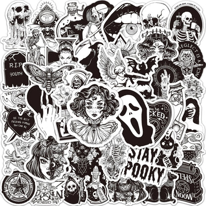 50PCS New Black and White Gothic Cool Skeleton Graffiti Waterproof Sticker Suitcase Notebook RefrigeratorWaterCup