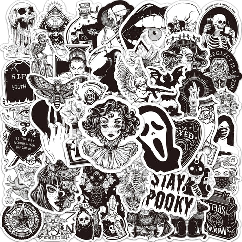 50PCS New Black and White Gothic Cool Skeleton Graffiti Waterproof Sticker Suitcase Notebook RefrigeratorWaterCup