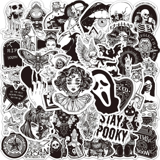 50PCS New Black and White Gothic Cool Skeleton Graffiti Waterproof Sticker Suitcase Notebook RefrigeratorWaterCup