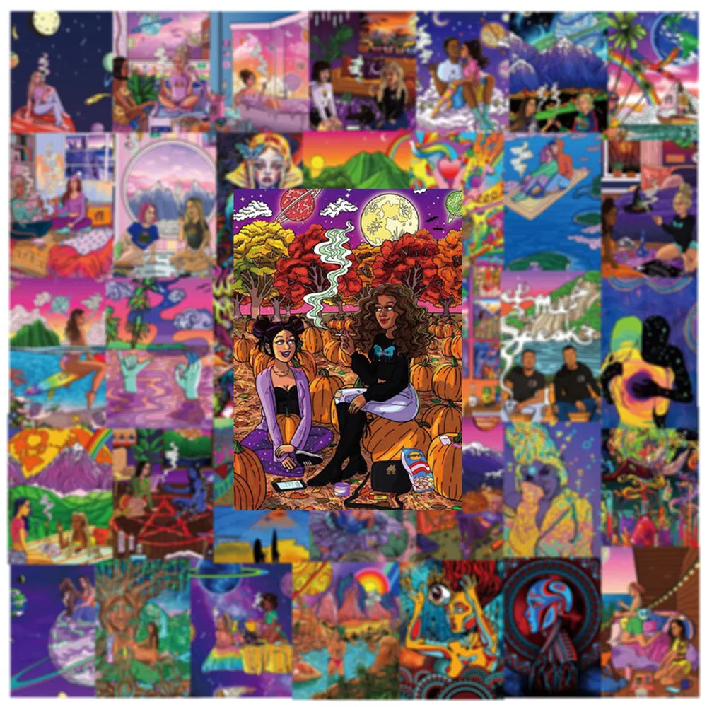 50 pieces of cartoon animation art oil painting cards, character decorative style graffiti stickers, personalized, fashionable, creative and trendy DIY exquisite decorative decal cups, helmets, skateboard popular sticker toys