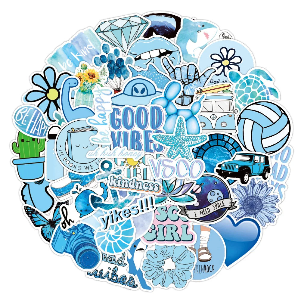 50PCS Blue Fresh Sticker Graffiti Luggage Trolley Case Notebook Cup Interior Decoration Waterproof Sticker