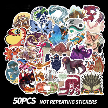 50 pieces of Monster Hunter animated cartoon graffiti stickers, personalized PVC suitcases, car helmets, suitcases, phone cases, notebook waterproof decorative stickers, toys