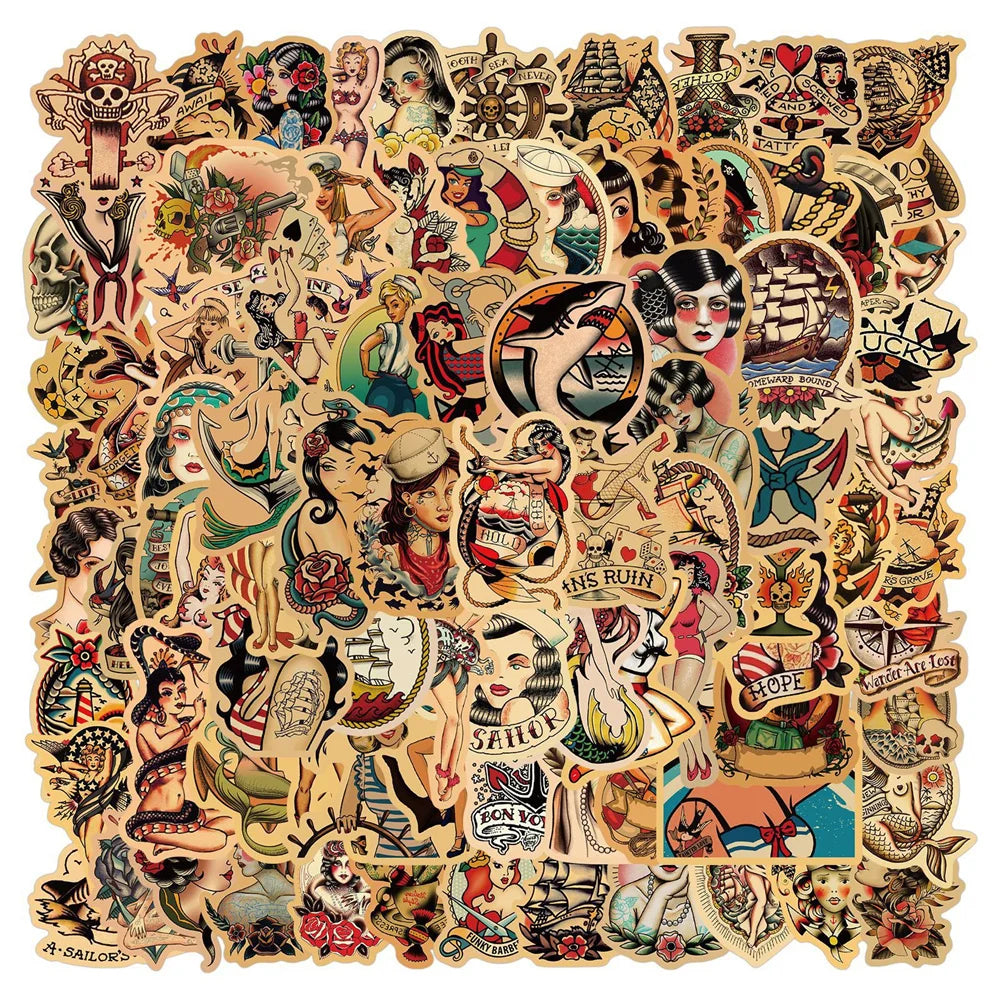100PCS Beautiful Retro Girl Graffiti Laptop Skateboard Guitar Water Cup Luggage Waterproof Decorative Sticker