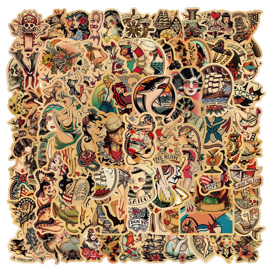 100PCS Beautiful Retro Girl Graffiti Laptop Skateboard Guitar Water Cup Luggage Waterproof Decorative Sticker