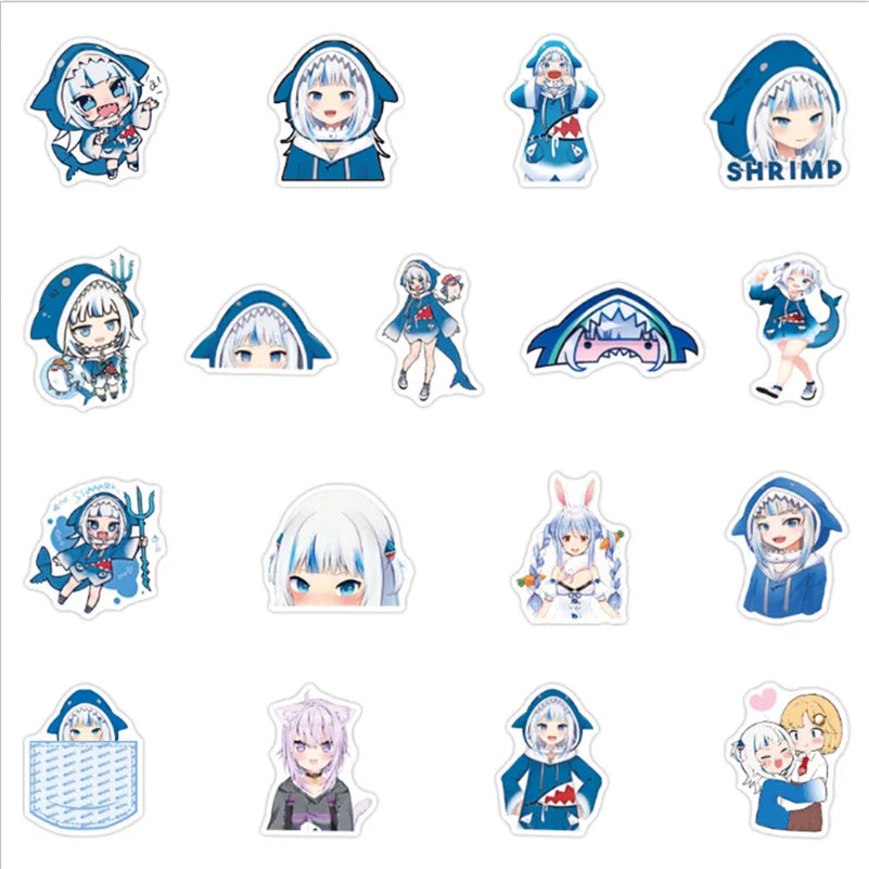 50 Pieces Hololive Vtuber Shark Cartoon Cute Mobile Suitcase Skateboard Guitar Graffiti Sticker Decorative Toy