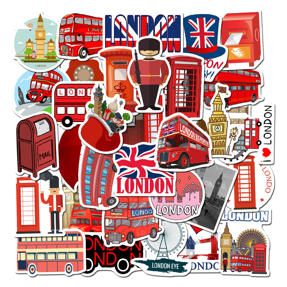 50PCS Classic Red Bus Phone Booth Graffiti Stickers, London UK, Red Design for Laptop, Trunk, Stationery Box, Desktop Decor Decals