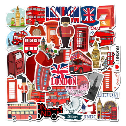 50PCS Classic Red Bus Phone Booth Graffiti Stickers, London UK, Red Design for Laptop, Trunk, Stationery Box, Desktop Decor Decals