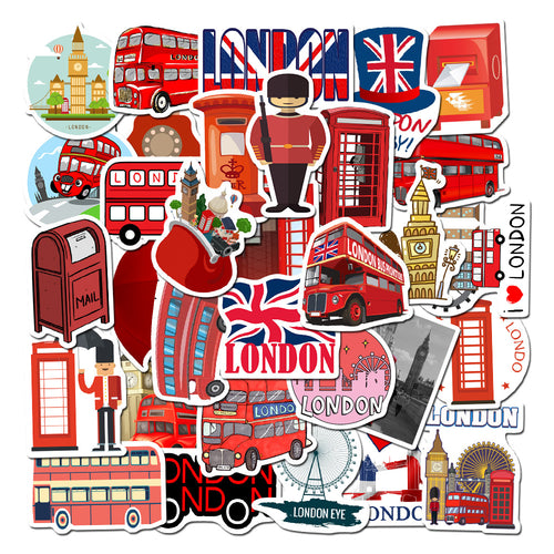50PCS Classic Red Bus Phone Booth Graffiti Stickers, London UK, Red Design for Laptop, Trunk, Stationery Box, Desktop Decor Decals