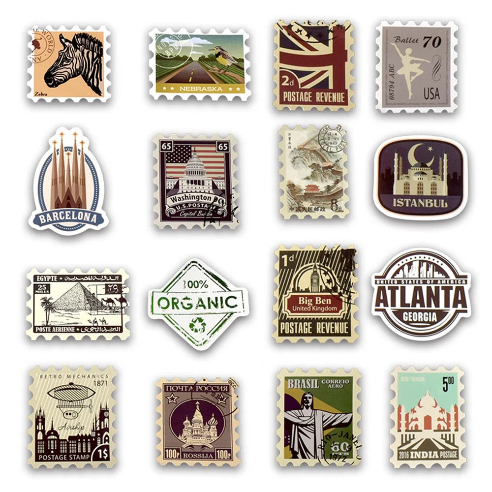 50PCS Retro Stamp Series Graffiti Laptop Guitar Motorcycle Luggage Skateboard Bike Waterproof Sticker