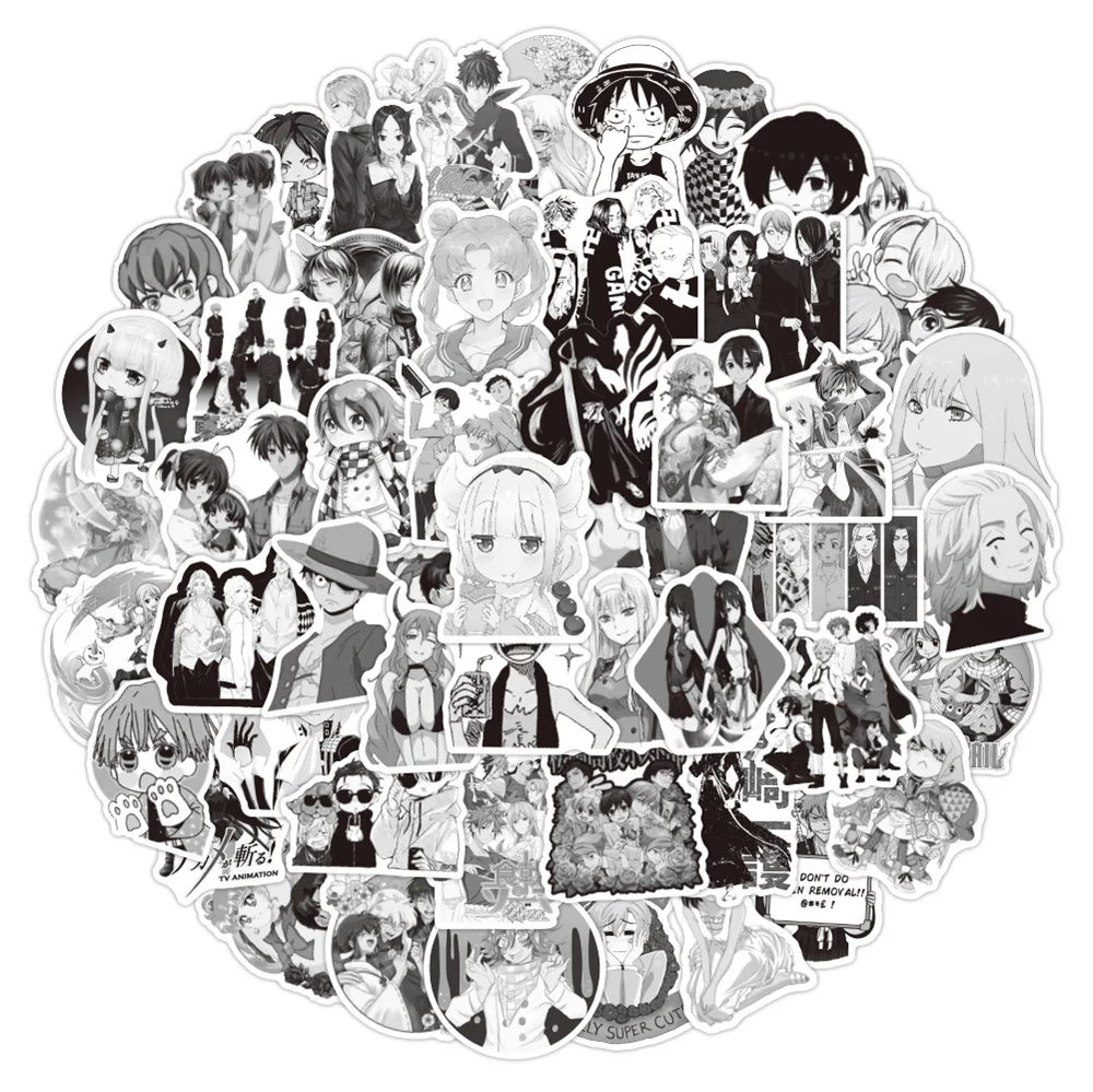 50PCS New Mixed Black and White Anime Graffiti Stickers Waterproof Notebook Scooter Water Cup Luggage Stickers