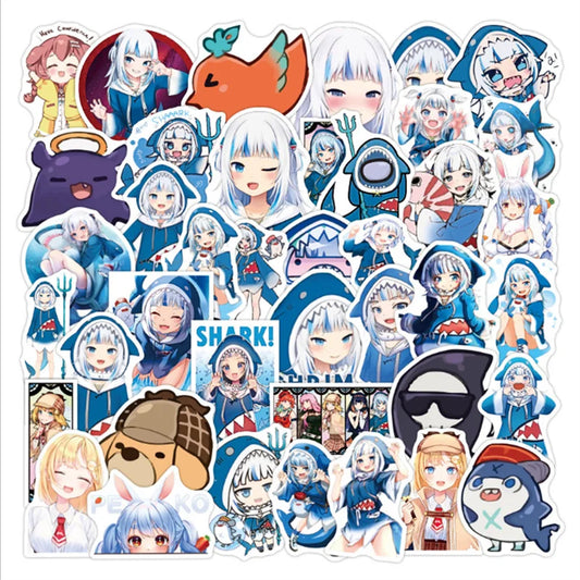 50 Pieces Hololive Vtuber Shark Cartoon Cute Mobile Suitcase Skateboard Guitar Graffiti Sticker Decorative Toy