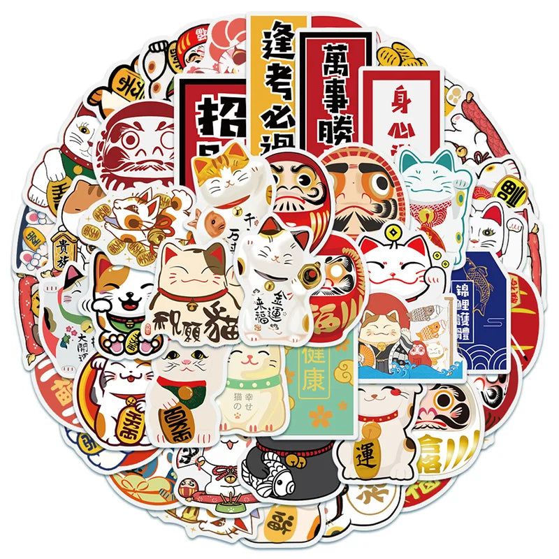 50PCS Cute Cartoon Lucky Cat Graffitinotebook's Toy Luggage Laptop Computer Mobile Phone Water Cup Refrigerator Stickers