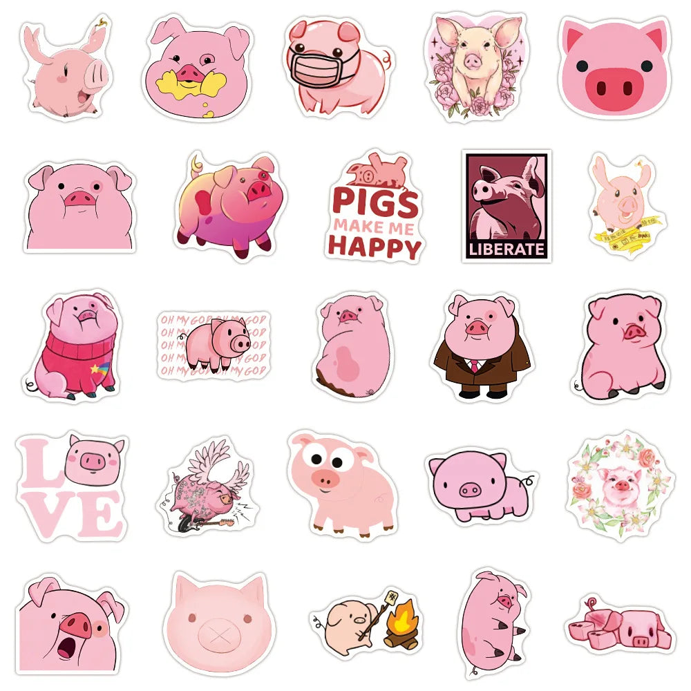 50 pieces of pink cute cartoon piglet decorative style graffiti stickers, personalized, fashionable and creative DIY exquisite decorative decal cups, helmets, skateboard popular sticker toys