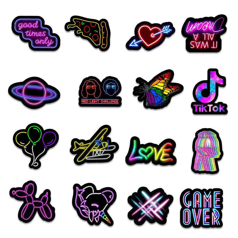 50 pieces of fresh and light neon graffiti stickers, personalized DIY car trunk phone cases, water cups, laptop decorative waterproof stickers toys