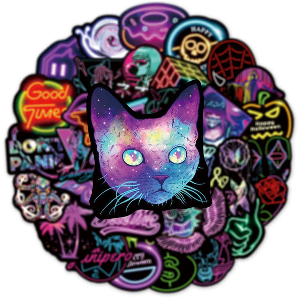 50PCS New Neon Creative Cartoon DIY Graffiti Notebook Scrapbook Skateboard Guitar Suitcase Toy PVC Sticker