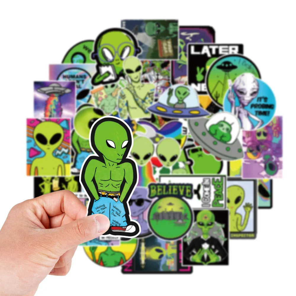 50 pieces of fun cartoon alien graffiti stickers, personalized DIY decorative skateboard luggage, mobile phone, PVC waterproof sticker toys