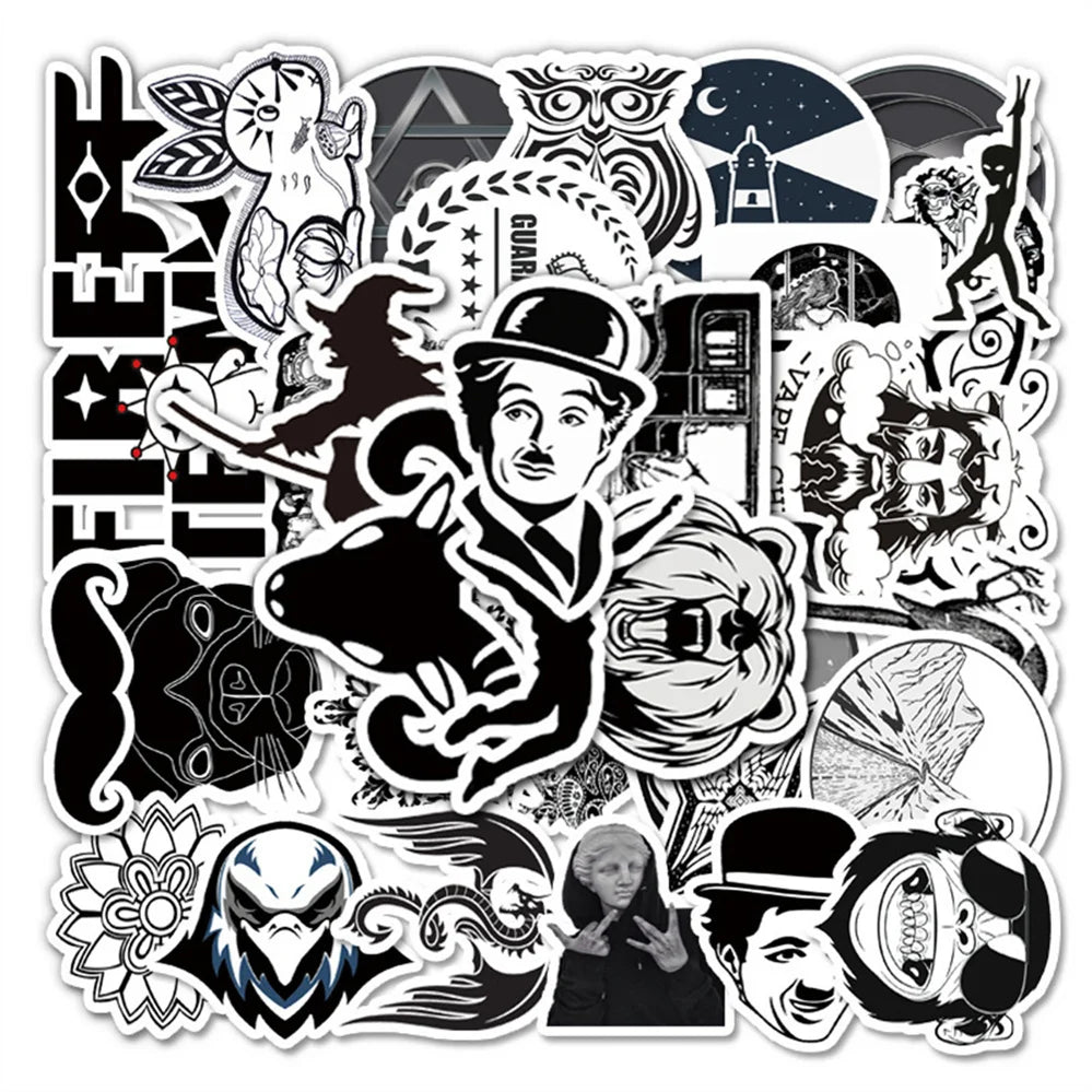 50 pieces of cartoon black and white character graffiti stickers, personalized DIY diary, suitcase, car, skateboard, phone case decoration, waterproof sticker toys