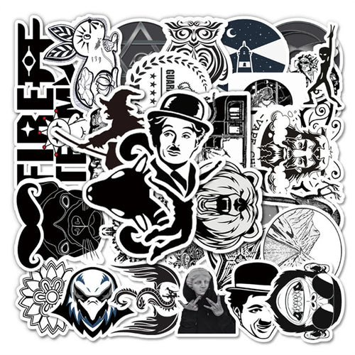 50 pieces of cartoon black and white character graffiti stickers, personalized DIY diary, suitcase, car, skateboard, phone case decoration, waterproof sticker toys