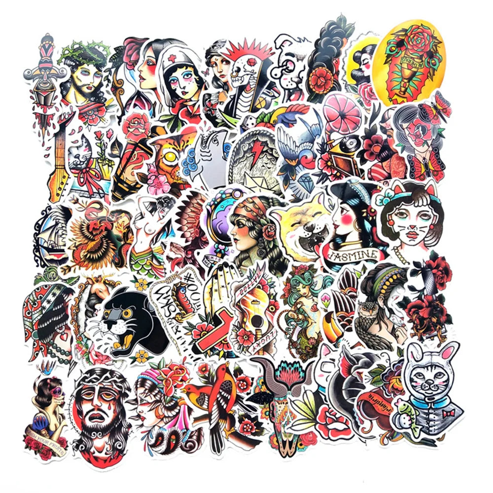 50PCS Retro Tattoo Style Graffiti Suitcase Waterproof Stickers Color Craft Guitar Computer Car Stickers