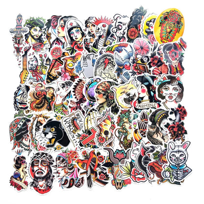 50PCS Retro Tattoo Style Graffiti Suitcase Waterproof Stickers Color Craft Guitar Computer Car Stickers