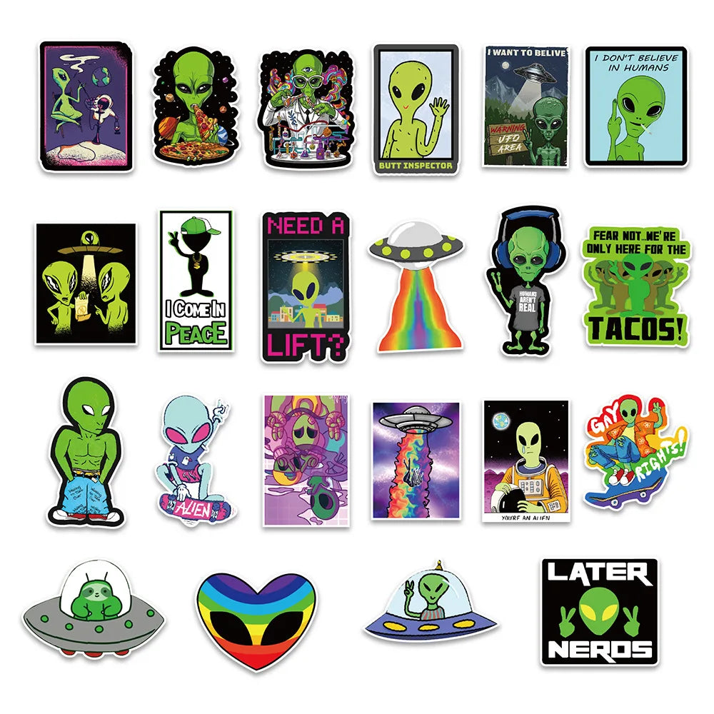 50 pieces of fun cartoon alien graffiti stickers, personalized DIY decorative skateboard luggage, mobile phone, PVC waterproof sticker toys