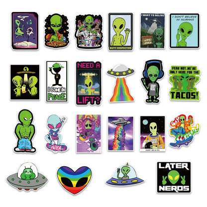 50 pieces of fun cartoon alien graffiti stickers, personalized DIY decorative skateboard luggage, mobile phone, PVC waterproof sticker toys