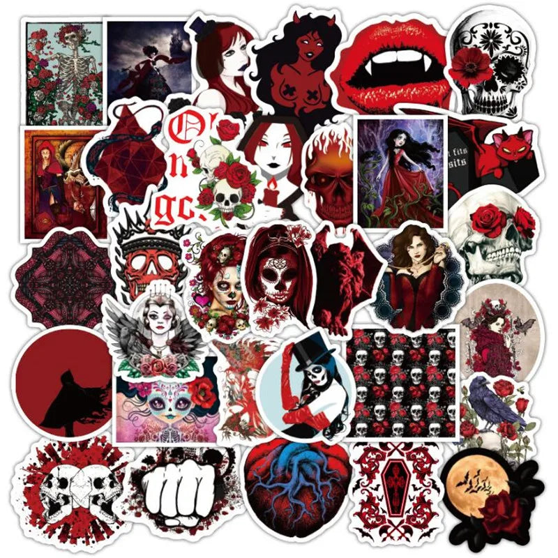 50PCS  GothicStyle Dark Red Cartoon Graffiti Laptop Luggage Skateboard Guitar Waterproof Stickers