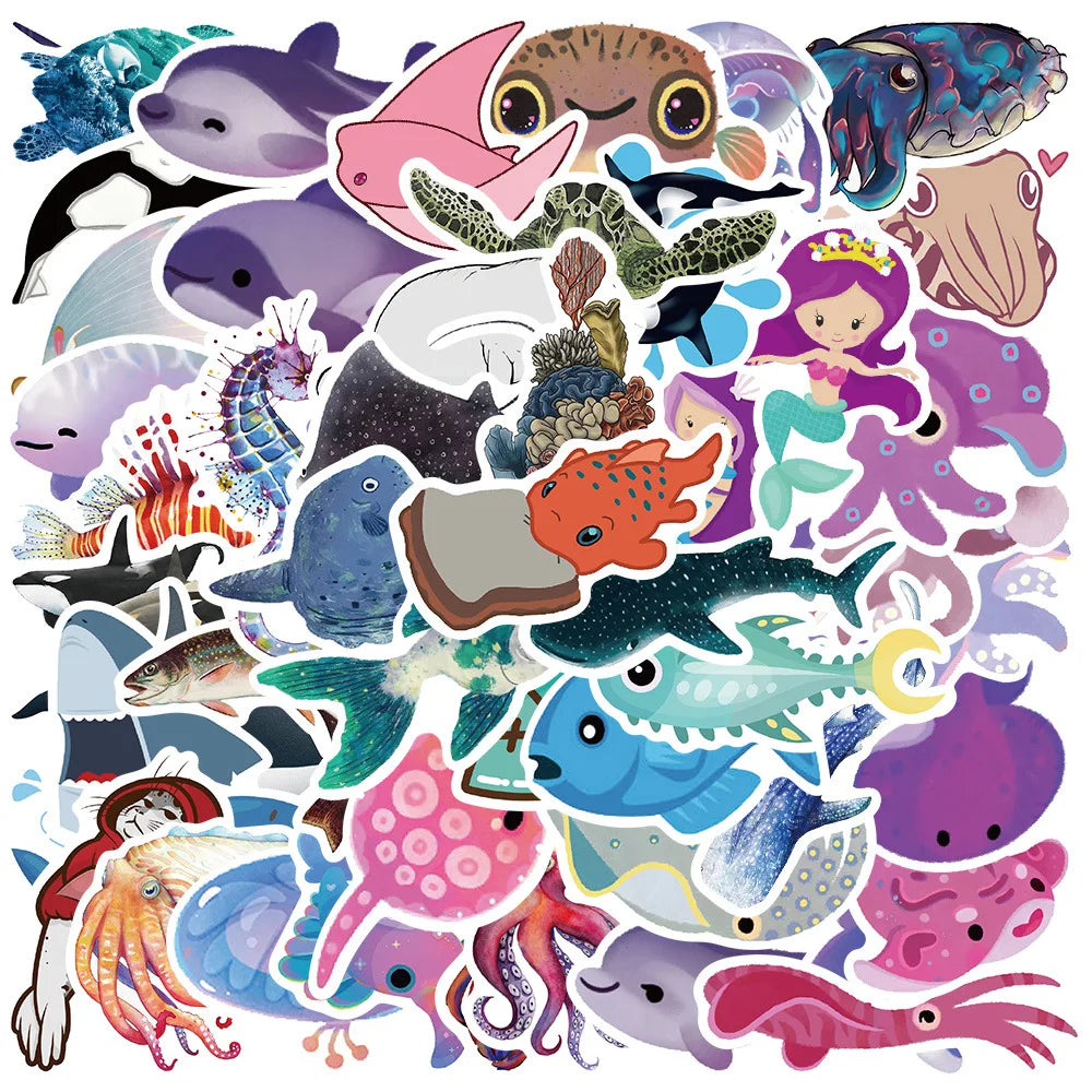 50PCS Art Illustration Popular Creative Cartoon Cute Sea Creatures Series Decorative Style Graffiti Stickers Personalised Fashion Creative DIY Exquisite Decorative Decals Suitable For Cups, Helmets, Skateboards Popular Stickers Toys