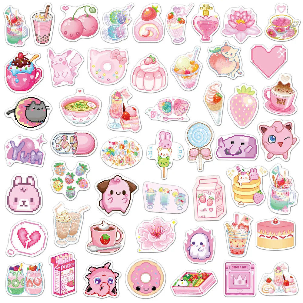 50PCSINS Style Cute Pink Pixel Cartoon Sticker Bicycle Luggage Laptop Graffiti Waterproof Sticker Toy