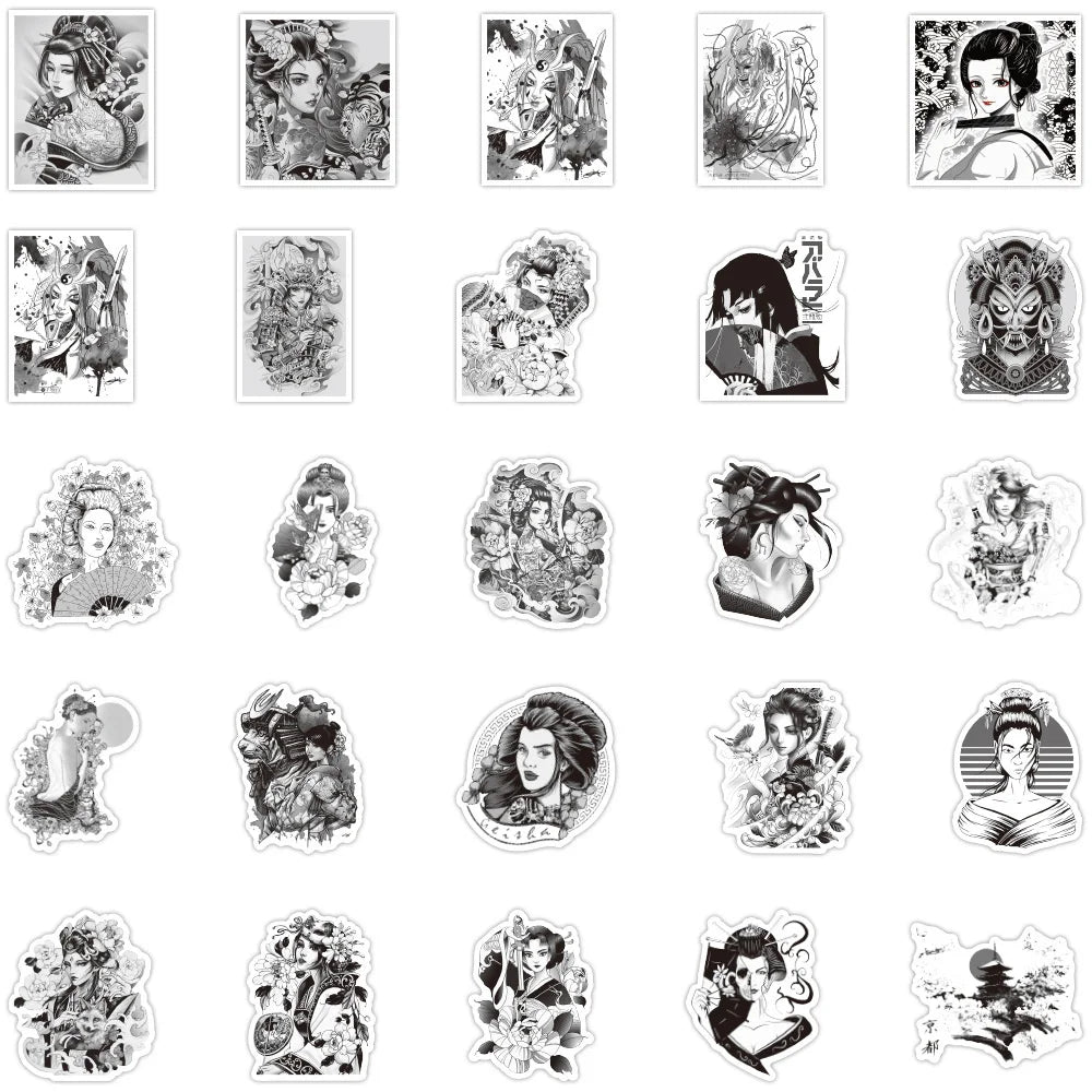 50PCS Black and White Japanese Geisha Personality Graffiti Stickers Luggage Battery Car Mobile Phone Stickers