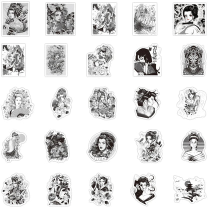 50PCS Black and White Japanese Geisha Personality Graffiti Stickers Luggage Battery Car Mobile Phone Stickers