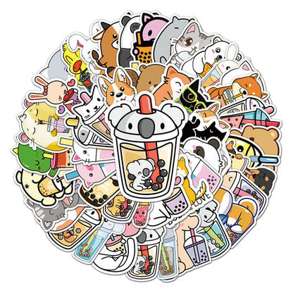 50PCS Cute Cartoon Animal Milk Tea Personalized Decorative Sticker Scooter Motorcycle Luggage Car Sticker