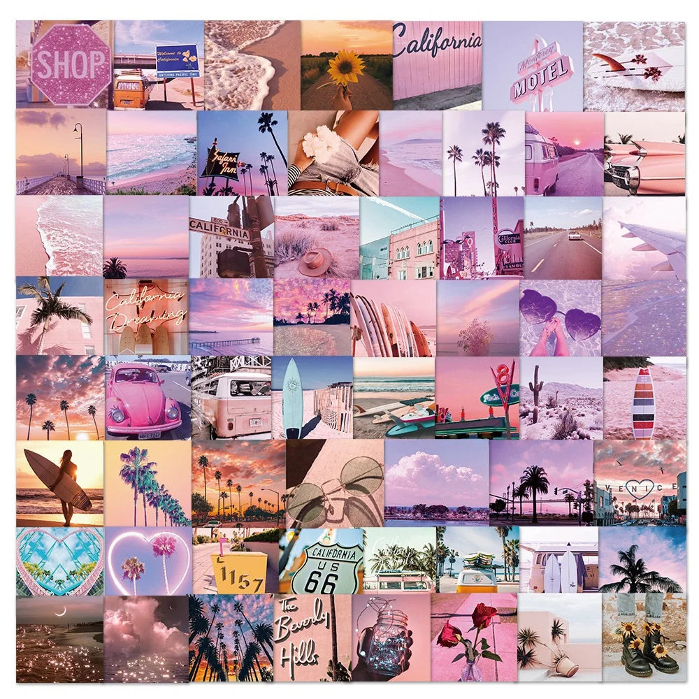 50PCS New California Sunshine Pink Series Healing Landscape Graffiti Decoration Luggage Guitar Waterproof Sticker