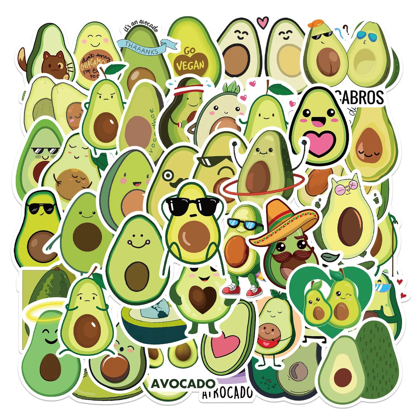 50 pieces of creative and fresh cartoon avocado graffiti stickers, suitable for DIY handbag, notebook, phone case decoration sticker toys