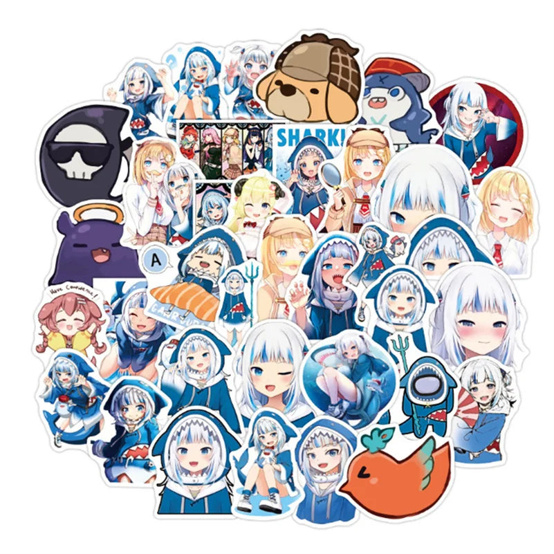 50 Pieces Hololive Vtuber Shark Cartoon Cute Mobile Suitcase Skateboard Guitar Graffiti Sticker Decorative Toy