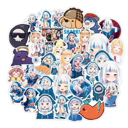 50 Pieces Hololive Vtuber Shark Cartoon Cute Mobile Suitcase Skateboard Guitar Graffiti Sticker Decorative Toy