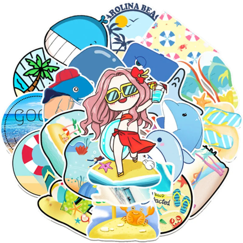 50 Cartoon and Lovely Beach Whale Summer Vacation Doodle Handmade Journal Materials, Skateboard Decoration Stickers, Toys